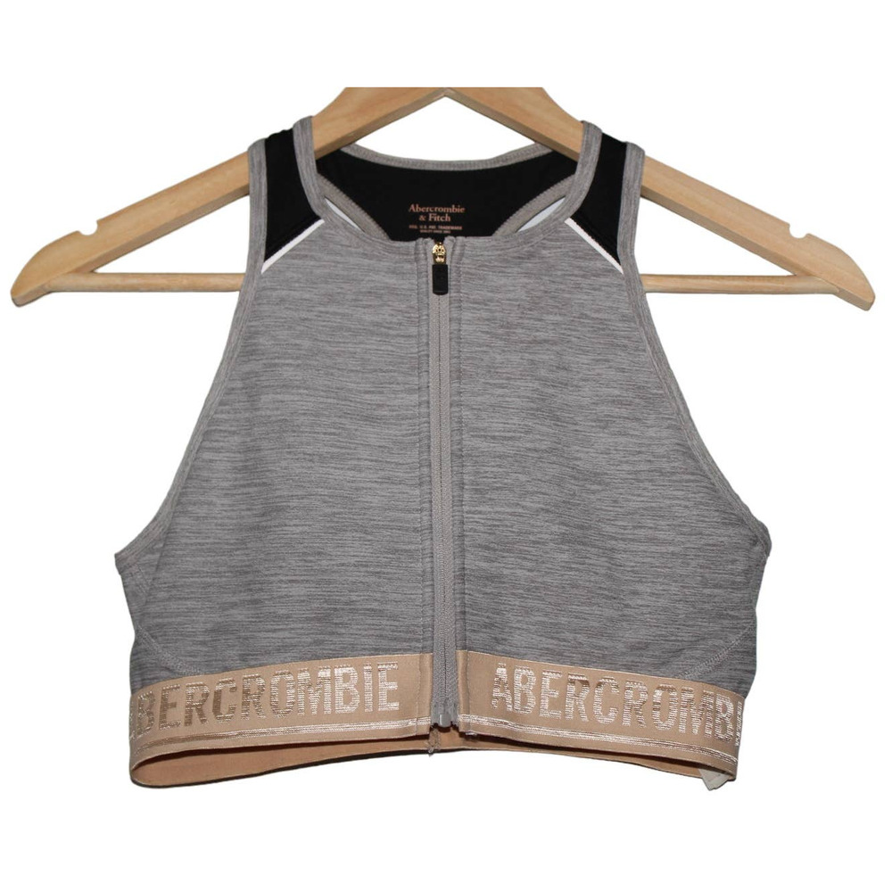 Womens Abercrombie & Fitch Gray Black Tan Zip Up Racerback Sports Bra Size Small